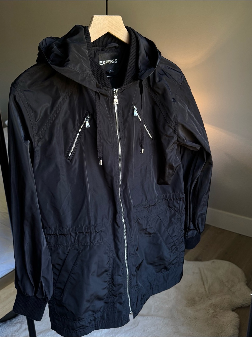 Express Black Hooded Windbreaker with Silver Zippers